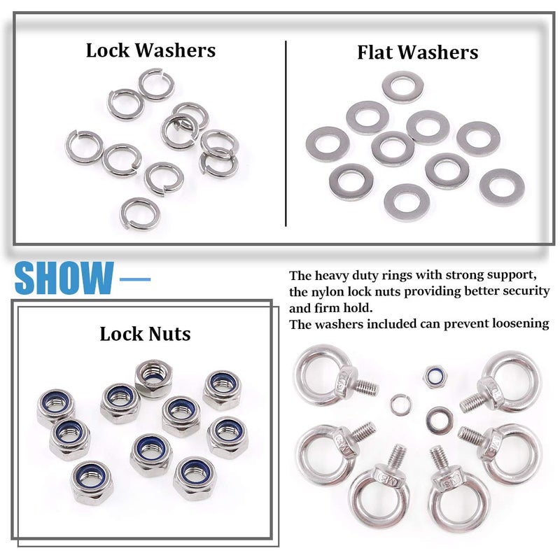 Glarks 36Pcs 304 Stainless Steel M8 Male Thread Machinery Shoulder Lifting Ring Eye Bolt with Lock Nuts/Lock Washers/Flat Washers Set - Image 3
