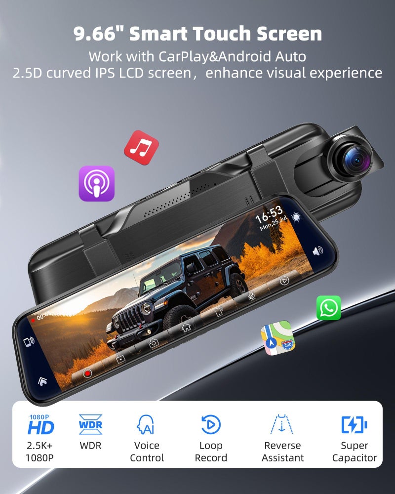 KOUENOM 2.5K Mirror Dash Cam with Carplay&Android Auto,10" Rear View Mirror Camera for Cars/Trucks with Voice Control/ 64GB Card/Touch Screen/Parking Monitor/Reverse Assist/Dual Loop Record/WDR Tech - Image 2