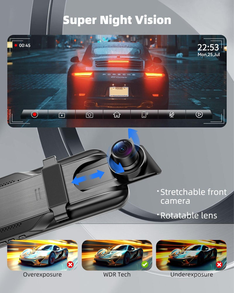 KOUENOM 2.5K Mirror Dash Cam with Carplay&Android Auto,10" Rear View Mirror Camera for Cars/Trucks with Voice Control/ 64GB Card/Touch Screen/Parking Monitor/Reverse Assist/Dual Loop Record/WDR Tech - Image 3