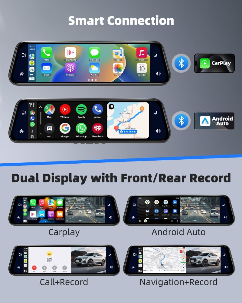 KOUENOM 2.5K Mirror Dash Cam with Carplay&Android Auto,10" Rear View Mirror Camera for Cars/Trucks with Voice Control/ 64GB Card/Touch Screen/Parking Monitor/Reverse Assist/Dual Loop Record/WDR Tech - Image 5