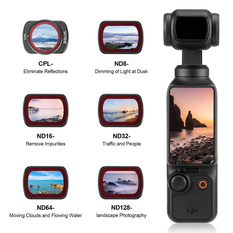 Skyreat ND Filters Set for DJI Osmo Pocket 3 Creator Combo Accessories -6 Pack (CPL/ND8/ND16/ND32/ND64/ND128) - Image 5