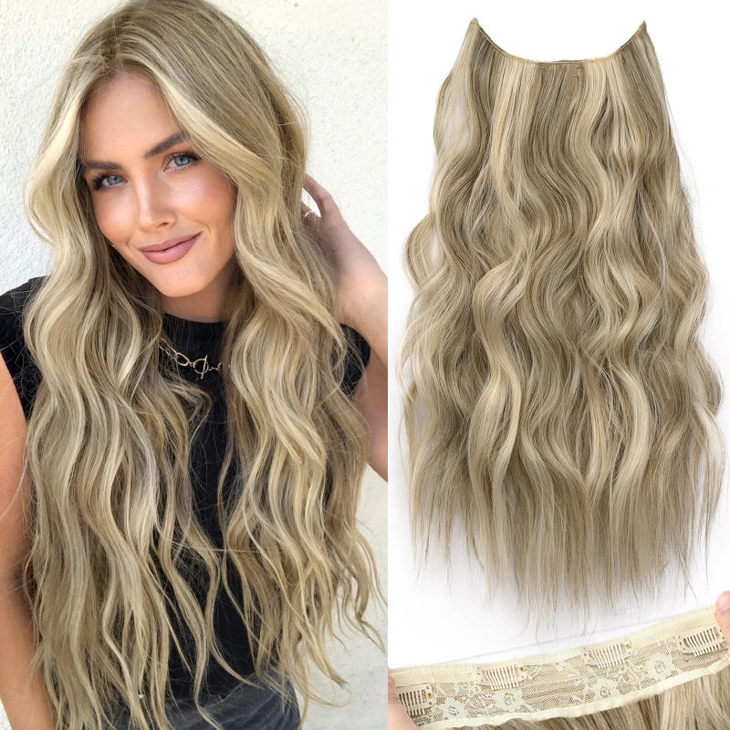 KooKaStyle Invisible Wire Hair Extensions with Transparent Headband Adjustable Size 4 Secure Clips Long Wavy Secret Wire Hairpiece 9H60A#Ash Brown/Platinum Blonde 20 Inch for Women - Image 1