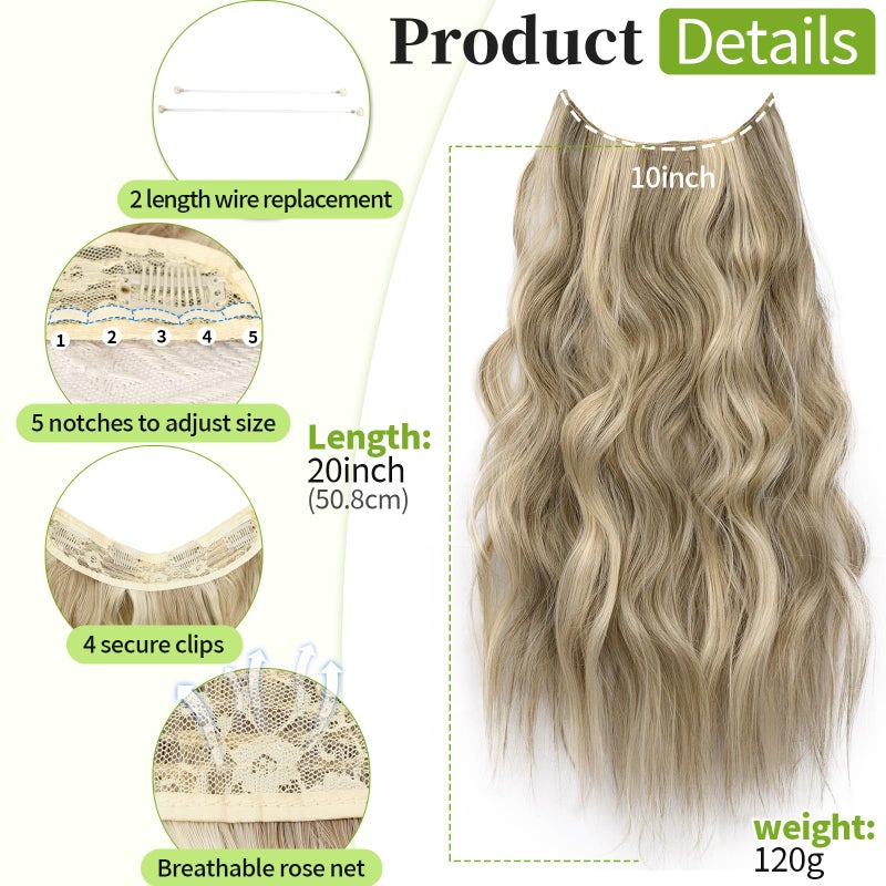 KooKaStyle Invisible Wire Hair Extensions with Transparent Headband Adjustable Size 4 Secure Clips Long Wavy Secret Wire Hairpiece 9H60A#Ash Brown/Platinum Blonde 20 Inch for Women - Image 2
