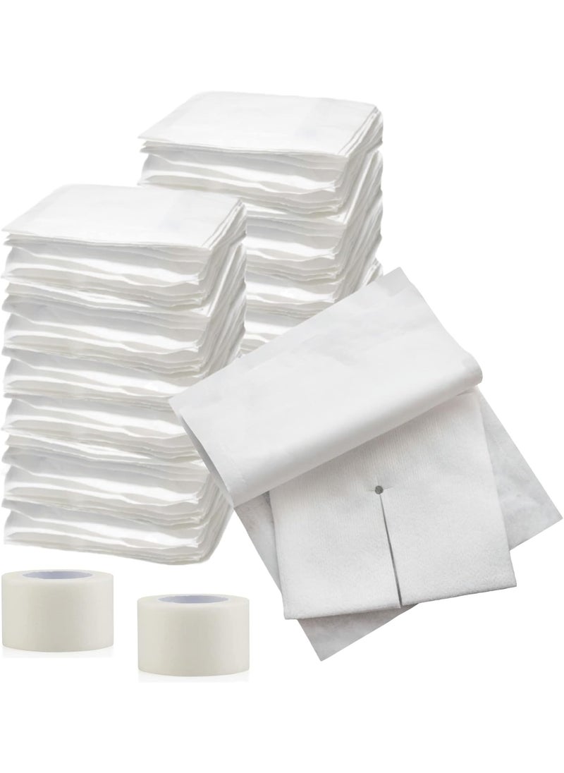 Vakly Split Drain Sponge Gauze 2x2 Sterile 6 Ply Pads [Pack of 140] Absorbent Precut 2"X2" Non-Woven Slit Bandage for I.V. Tracheostomy - 2 Boxes of 35 Packs of 2 Pre Cut Bandages + 2 Rolls of Medical Tape 