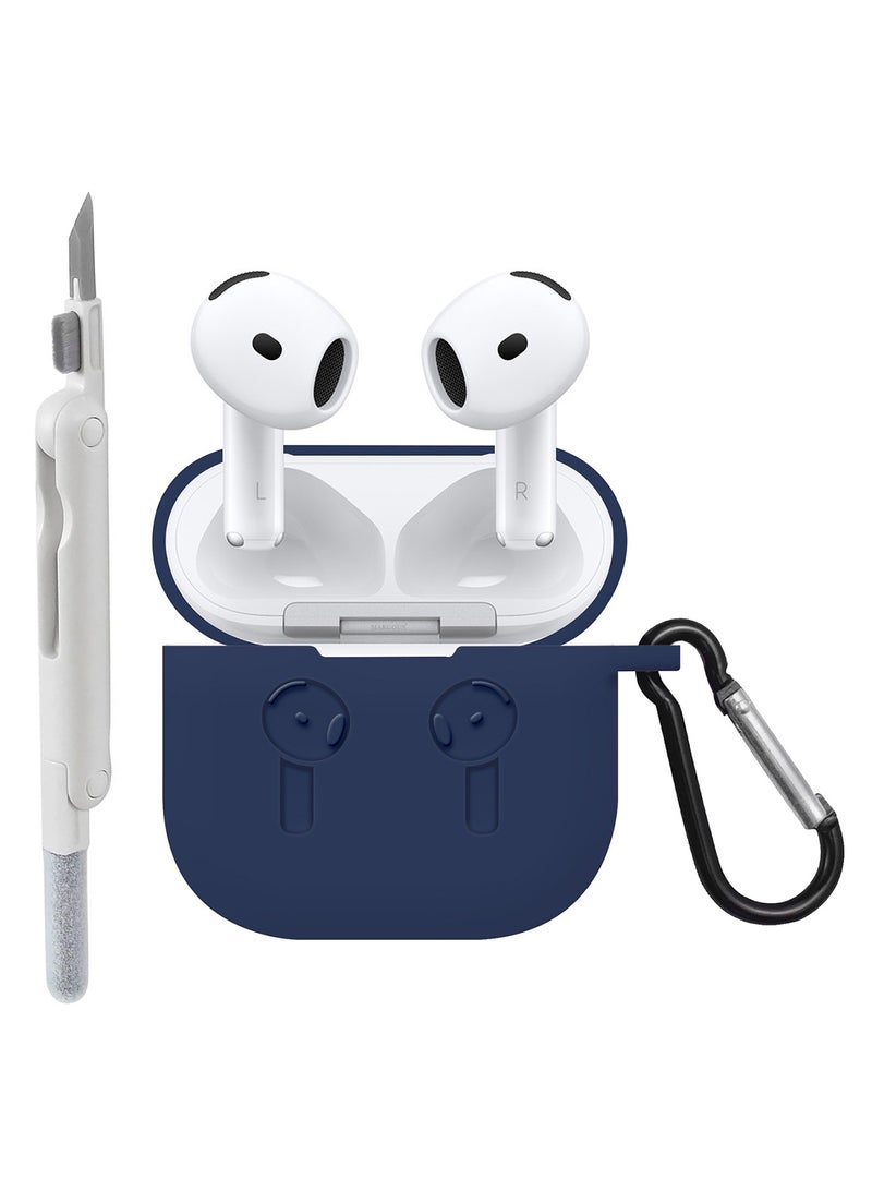 CATANES ( for Apple Airpods 4 2024 ) Case with Cleaner Kit Shockproof Protective Soft Silicone Case Cover with Carabiner Keychain - Navy Blue Case White Cleaner - Image 1