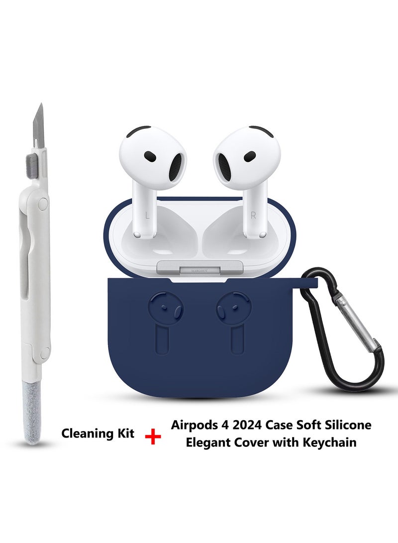 CATANES ( for Apple Airpods 4 2024 ) Case with Cleaner Kit Shockproof Protective Soft Silicone Case Cover with Carabiner Keychain - Navy Blue Case White Cleaner - Image 2