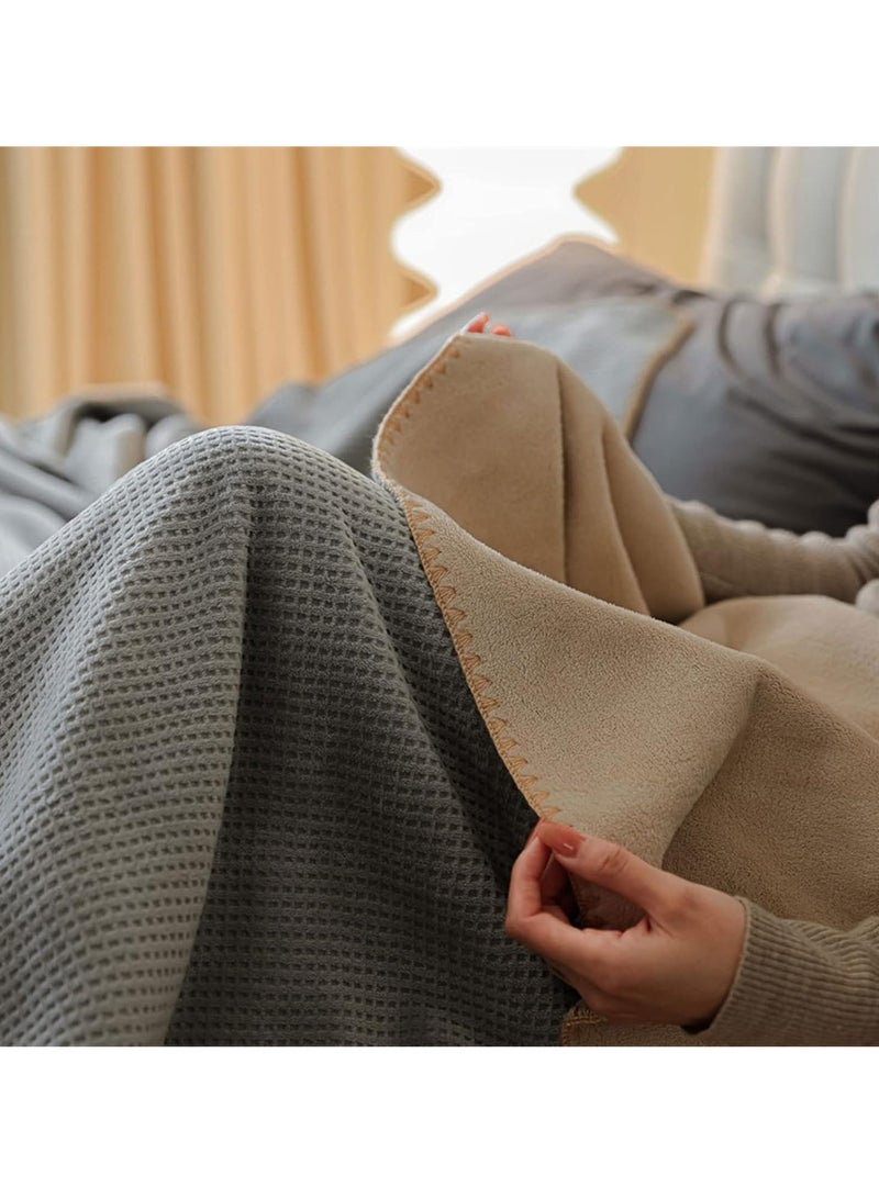 Waffle Fleece Blanket, Single Size Throw Blanket, For Bed Travel Couch, 150x200cm Grey-Apricot  - Image 3