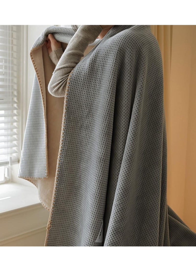 Waffle Fleece Blanket, Single Size Throw Blanket, For Bed Travel Couch, 150x200cm Grey-Apricot  - Image 5