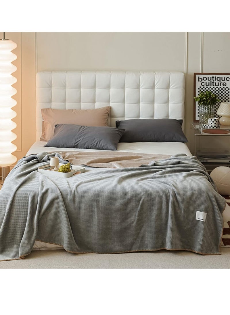 Waffle Fleece Blanket, Single Size Throw Blanket, For Bed Travel Couch, 150x200cm Grey-Apricot  - Image 1