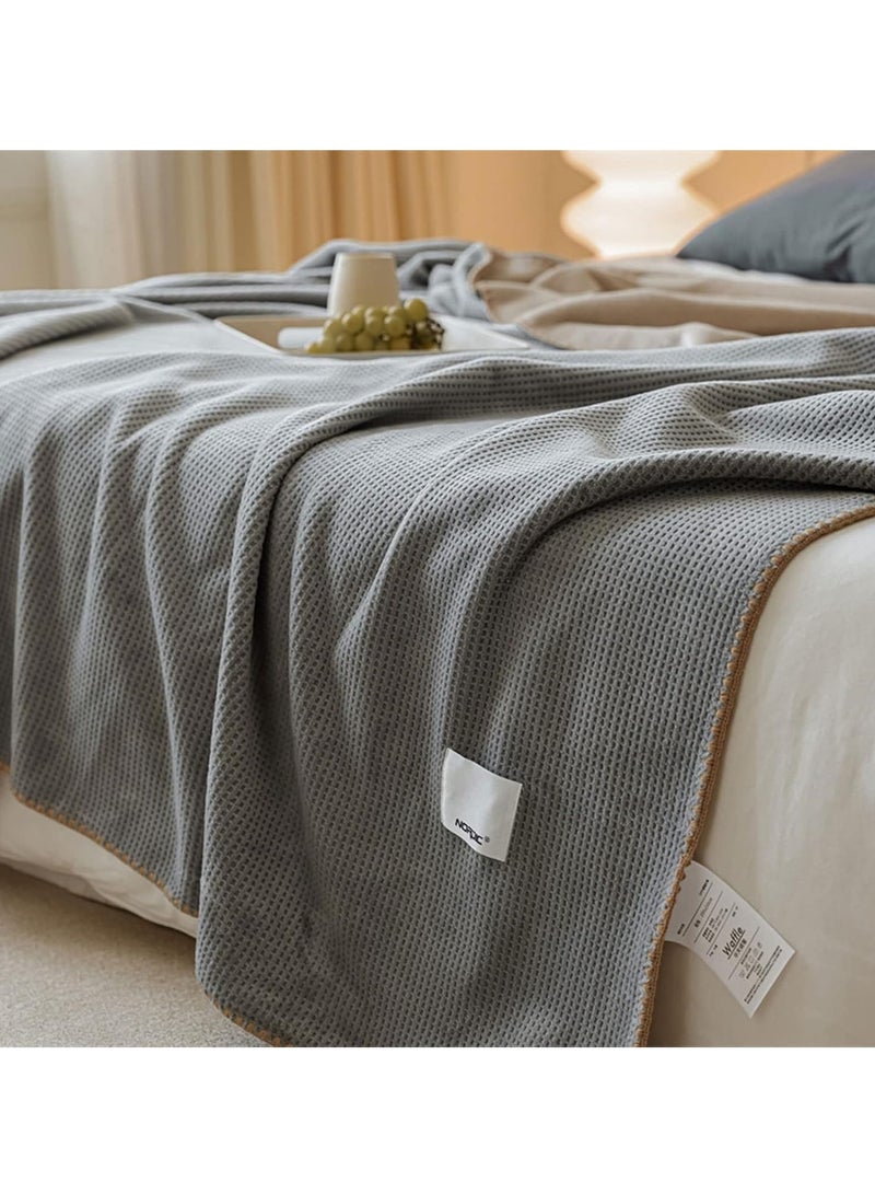 Waffle Fleece Blanket, Single Size Throw Blanket, For Bed Travel Couch, 150x200cm Grey-Apricot  - Image 2