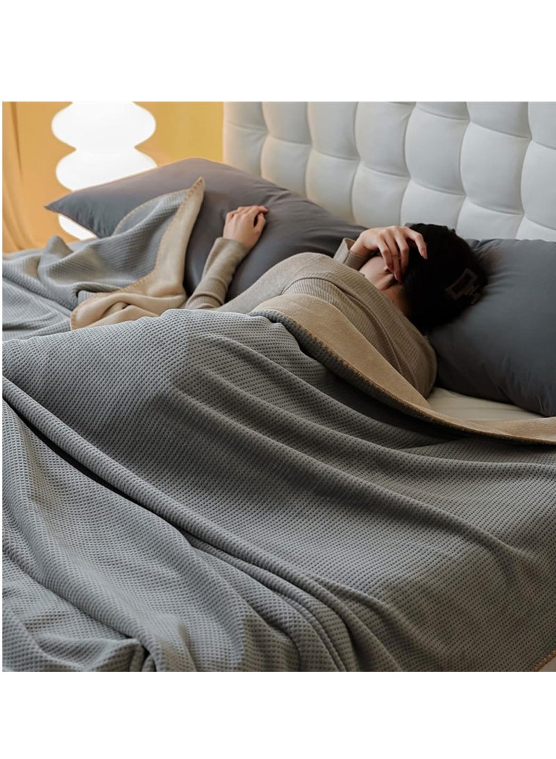 Waffle Fleece Blanket, Single Size Throw Blanket, For Bed Travel Couch, 150x200cm Grey-Apricot  - Image 4