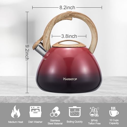 MARSKITOP Whistling Tea Kettle for Stove Top, Food Grade Stainless Steel Tea Kettle Teapot for Stovetop with Anti-Hot Ergonomic Handle, 2.6 Quart, Red - Image 4