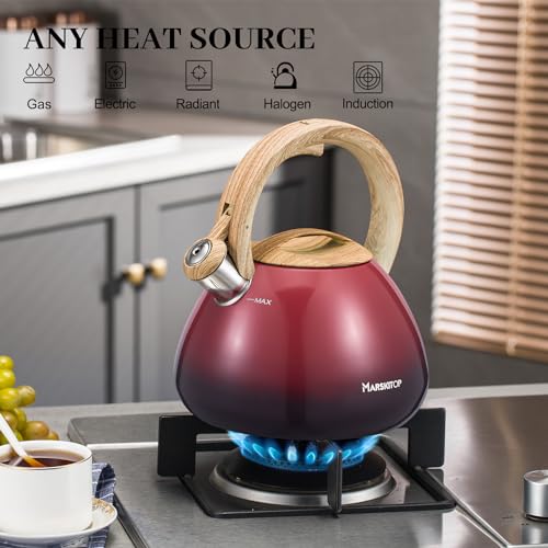 MARSKITOP Whistling Tea Kettle for Stove Top, Food Grade Stainless Steel Tea Kettle Teapot for Stovetop with Anti-Hot Ergonomic Handle, 2.6 Quart, Red - Image 3