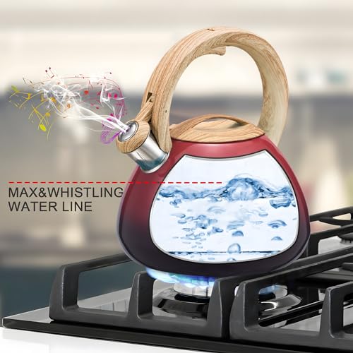MARSKITOP Whistling Tea Kettle for Stove Top, Food Grade Stainless Steel Tea Kettle Teapot for Stovetop with Anti-Hot Ergonomic Handle, 2.6 Quart, Red - Image 2