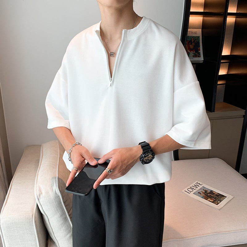 Short-Sleeved T-Shirt Men'S Summer Loose Personalized Half-Sleeved Trendy All-Match Solid Color Simple Casual Half-Sleeved T-Shirt Top - Image 4