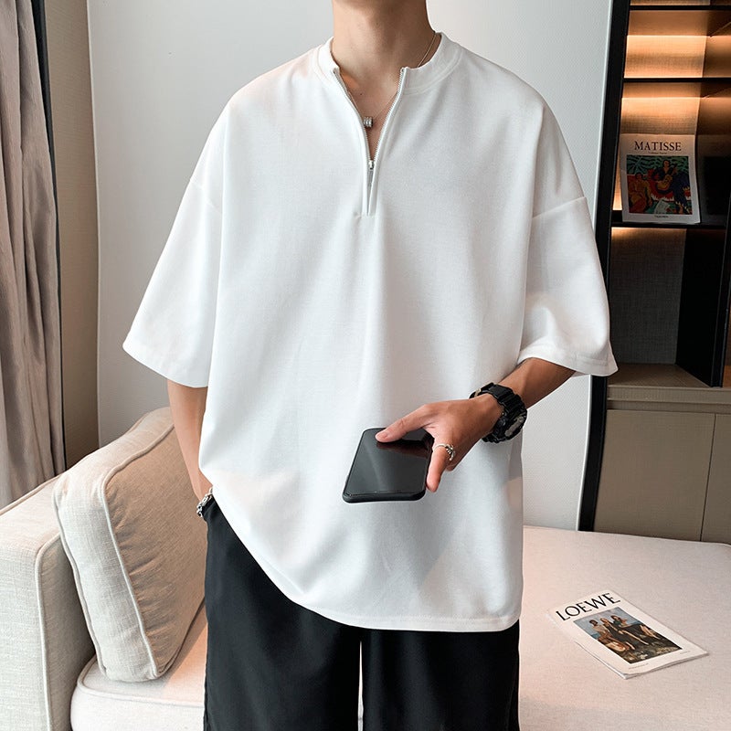 Short-Sleeved T-Shirt Men'S Summer Loose Personalized Half-Sleeved Trendy All-Match Solid Color Simple Casual Half-Sleeved T-Shirt Top - Image 2