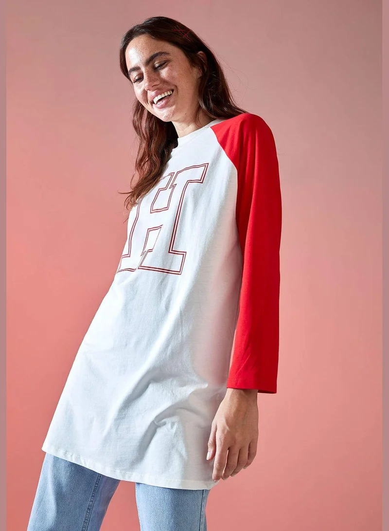 ديفاكتو Relaxed Fit Printed Long Sleeve Crew Neck Tunic