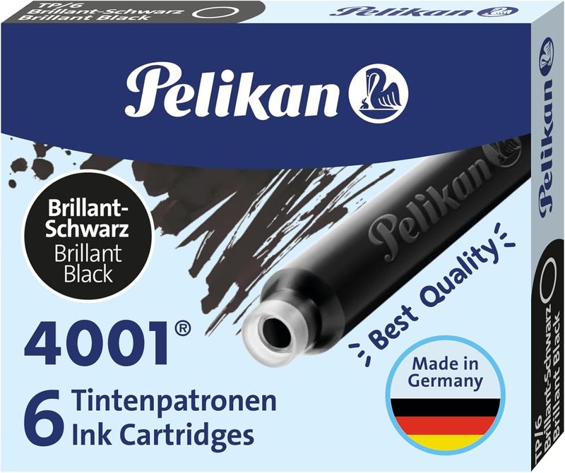Pelikan 4001 TP/6 Ink Cartridges for Fountain Pens, Brilliant Black, 0.8ml, 6-Pcs Pack (301218) - Image 1