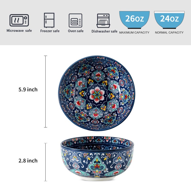 glowworm Cereal Bowls, 26 Oz Ceramic Soup Bowls Set of 4, Kitchen Bowls for Rice, Oatmeal, Fruit, Ice Cream, Dessert, Dishwasher & Microwave safe, Bohemian - Image 2