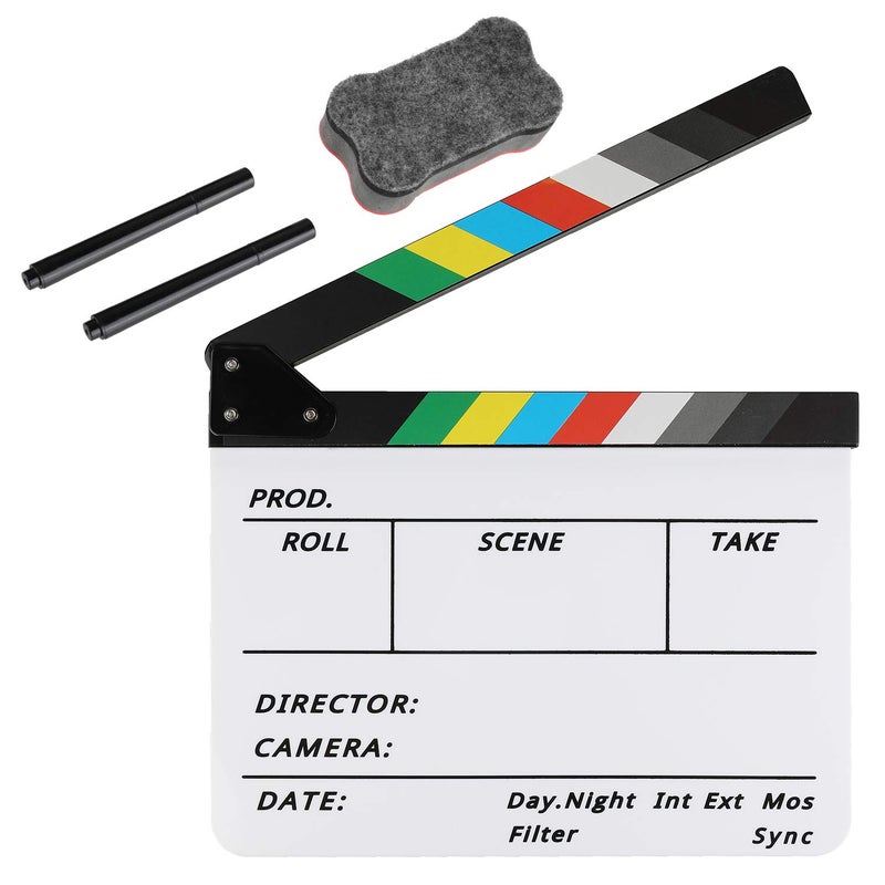 Zacro Acrylic Film Clapboard -12 x 10in Plastic Film Clapboard Cut Action Scene Clapper Board with a Magnetic Blackboard Eraser and Two Custom Pens - Image 1
