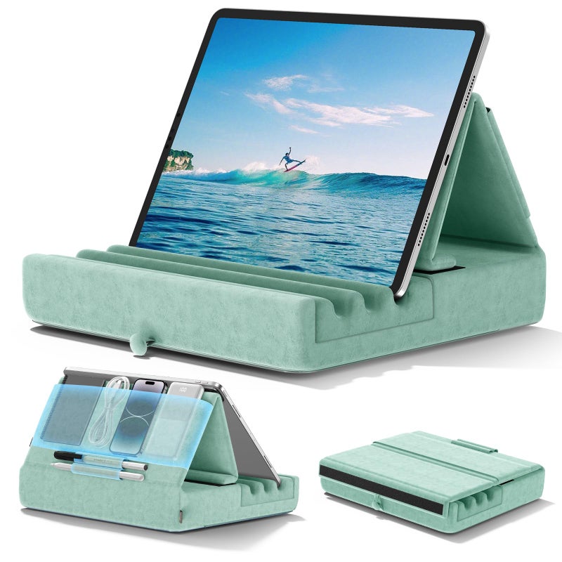 KDD Tablet Pillow Holder, Foldable iPad Stand for Lap, Bed and Desk -Tablet Soft Pad Dock with Pocket & Stylus Mount Compatible with iPad Pro 12.9, 10.5, 9.7 Air Mini 6 5 4 3, E-Reader - Image 1