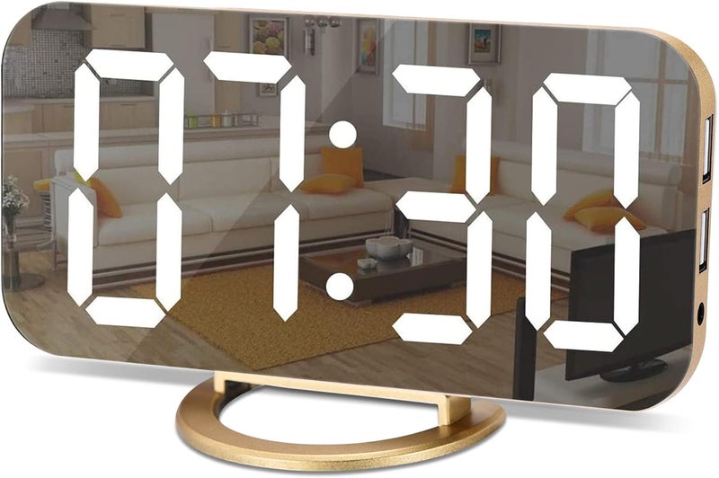 SZELAM Digital Alarm Clock,LED and Mirror Desk Clock Large Display,with Dual USB Charger Ports,3 Levels Brightness,12/24H,Modern Electronic Clock for Bedroom Home Living Room Office - Gold - Image 1