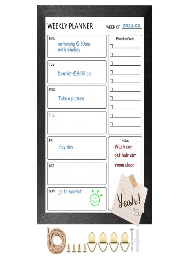 TORASO لوحة بيضاء قابلة للمسح الجاف، لوحة تقويم أسبوعية، لوحة بيضاء مغناطيسية للجدار، لوحة رسائل بإطار أسود من الخشب الصلب مقاس 10.6 بوصة × 14.6 بوصة، لوحة تخطيط للمكتب والمنزل والمدرسة (أسبوعي-BB-BK-2737) - Image 2