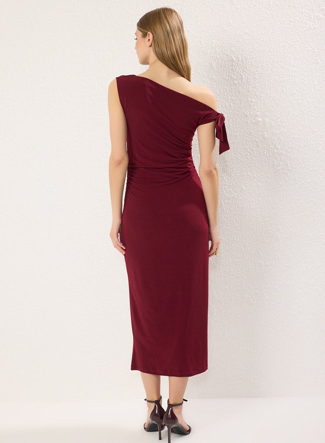 trendyol Limited Edition Burgundy Fitted/Body  Fitted Knitted Maxi Stretch Pencil Dress - Image 4