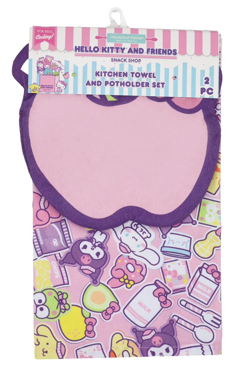 Handstand Kitchen Hello Kitty and Friends Snack Shop Print Cotton Kitchen Towel and Apple Shaped Potholder Set - Image 1
