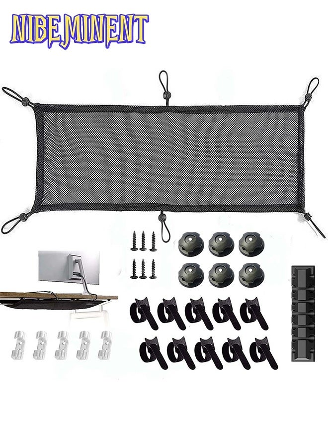 NIBEMINENT Under Desk Cable Management Net, 29PCS Under Table Cord Management Mesh Organizer Flexible Wire Hiders, Extra Large Capacity Wire Management Kit Under Desk, Fits Most Tables - Image 1