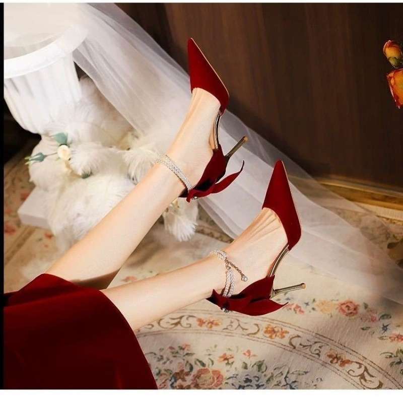 Red Xiuhe Wedding Shoes Stiletto Pointed Toe High Heels For Women Style Bow Pearl Non-Tiring Bridal Shoes - Image 5