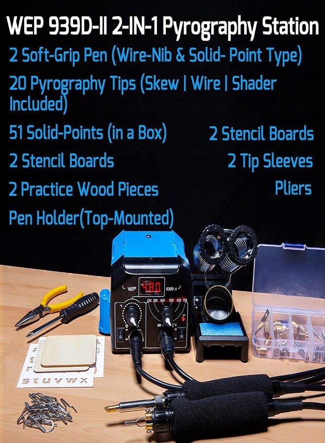 WEP 939D-II 2-in-1 Wood Burning Kit 86-in-1 with 51 Solid Points and 20 Wire Nibs Wood Burner with 2 Letter Number Stencils, 2 Unfinished Wood, 1 Pen Holder, Burning Tool - Image 2