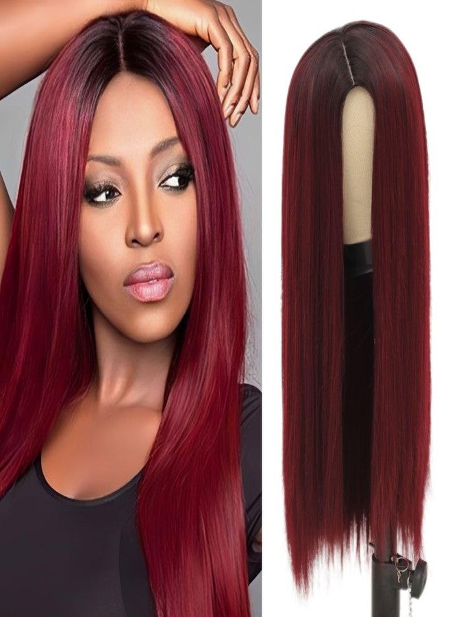تسيسيس شعر مستعار طويل مستقيم بتدرج لوني أحمر من تسيسيس للنساء، شعر صناعي، جذور داكنة، مناسب للتنكر، حفلات الهالوين، والاستخدام اليومي (أحمر خمري متدرج اللون). - Image 1