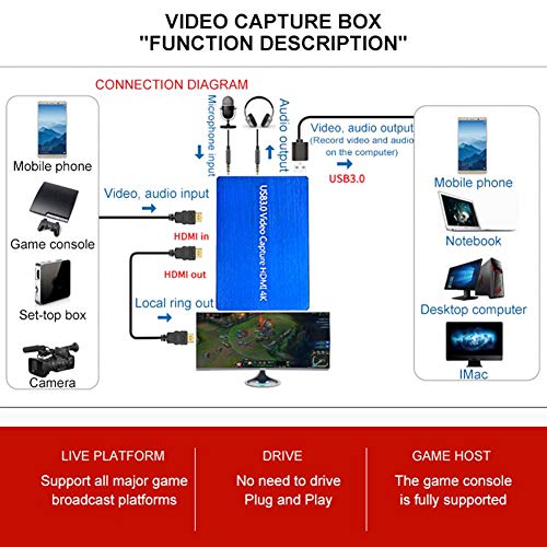 Microware 4K HDMI Video Capture Device Capture Card Box USB3.0 HD 1080p Drive-Free Game Broadcast with Microphone - Image 4