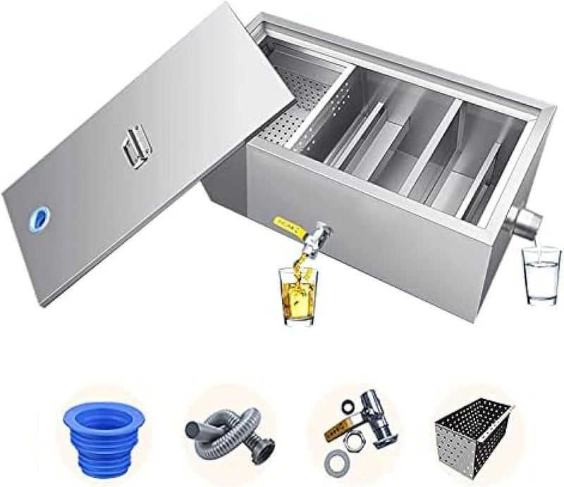 Efficient Stainless Steel Grease Trap with Removable Baffles - Ideal Waste Oil-Water Separator for Restaurant, Factory, Home Kitchen - Under Sink Grease Trap,1 hole-50x25x25cm - Image 1