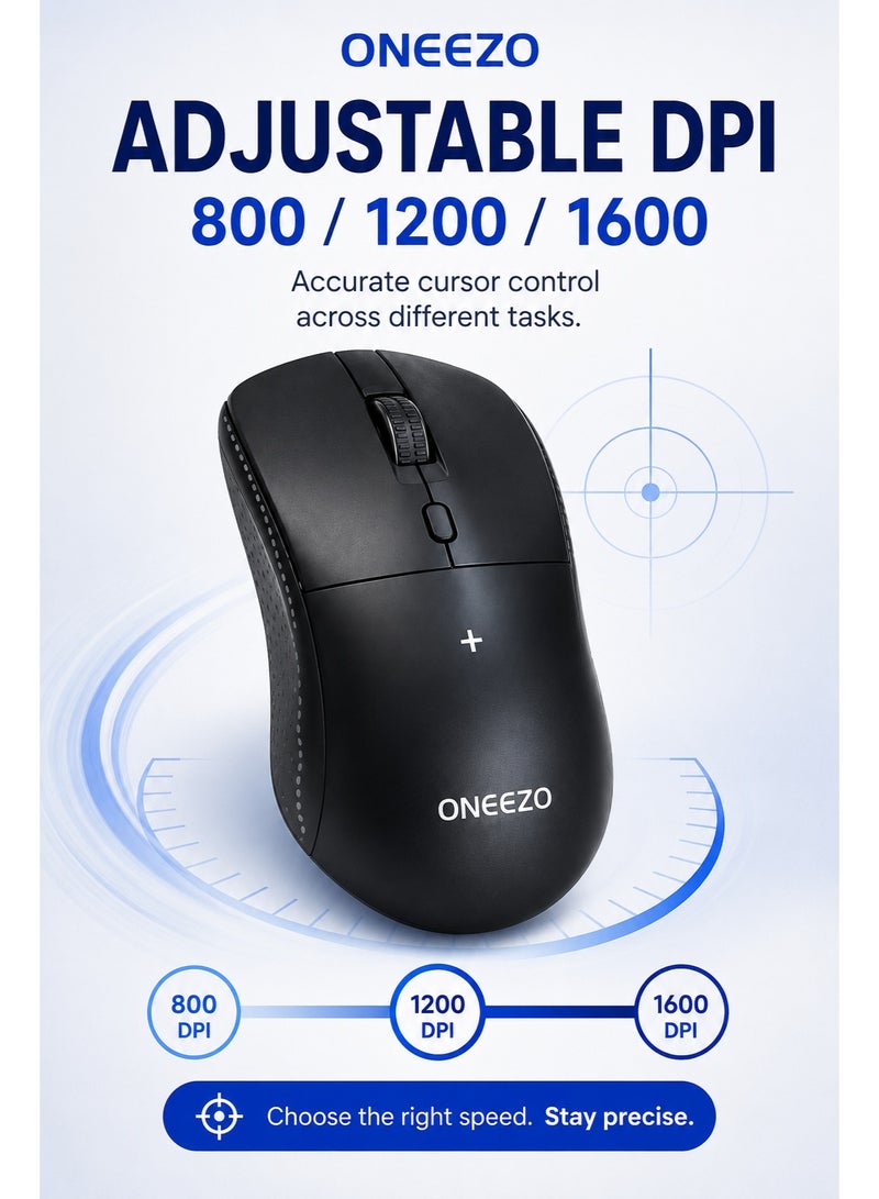 أونيزو ماوس لاسلكي ONEEZO بتردد 2.4 جيجاهرتز مع مستقبل USB | دقة قابلة للتعديل (1600 نقطة في البوصة) | نطاق 10 أمتار | تصميم مريح وصامت | البطارية مرفقة | لون أسود - Image 2