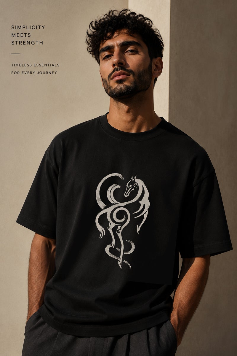 Men's Oversized Black Tribal Horse Graphic T-Shirt Casual Short Sleeve Crew Neck Streetwear Tee - Image 1