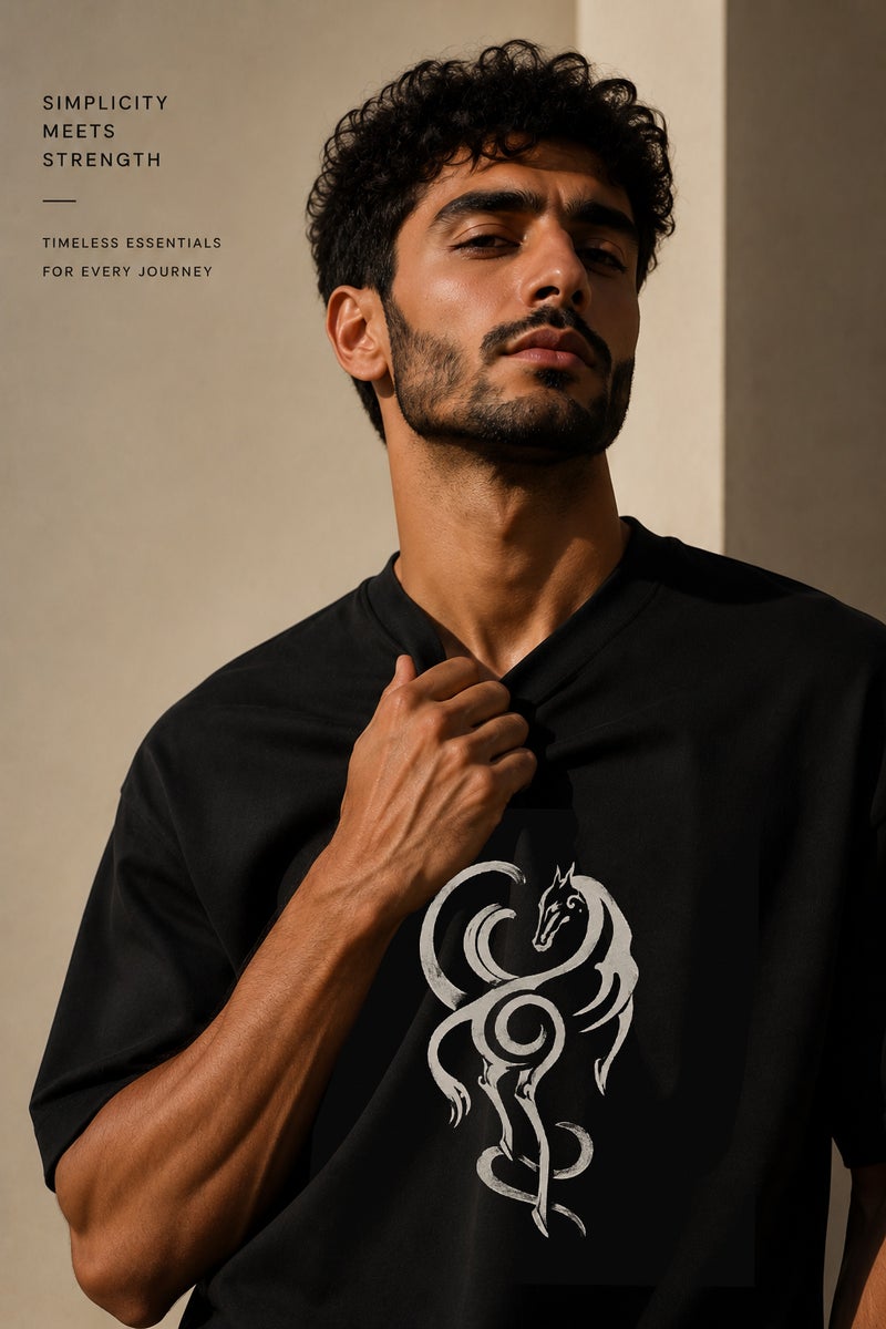 Men's Oversized Black Tribal Horse Graphic T-Shirt Casual Short Sleeve Crew Neck Streetwear Tee - Image 5