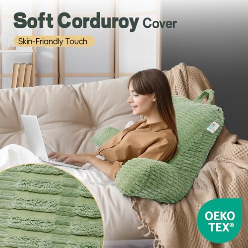 LUISOF 21" Higher Large Reading Pillow for Bed Adult, Back Pillow for Bed Sitting Up with Memory Foam Back Support with Arms Rest for Couch Chair Sage Green - Image 5