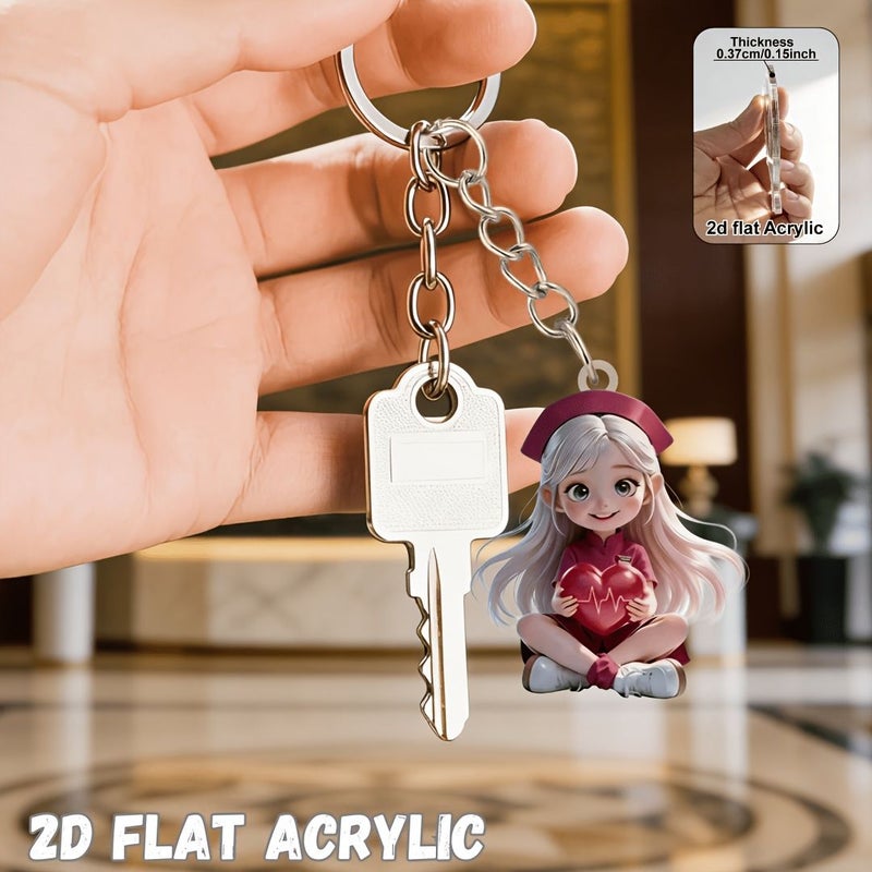 ملخص ثنائي الأبعاد بأسلوب الشّكلي (تشيبي) لتميمة قلب الممرضة على شكل سلسلة مفاتيح أكريليك، مصممة لتزيين حقائب الظهر ومفاتيح السيارة كهدية زينة للممرضات والعاملين في الرعاية الصحية وعشاق سلاسل المفاتيح. النمط 003 - Image 4
