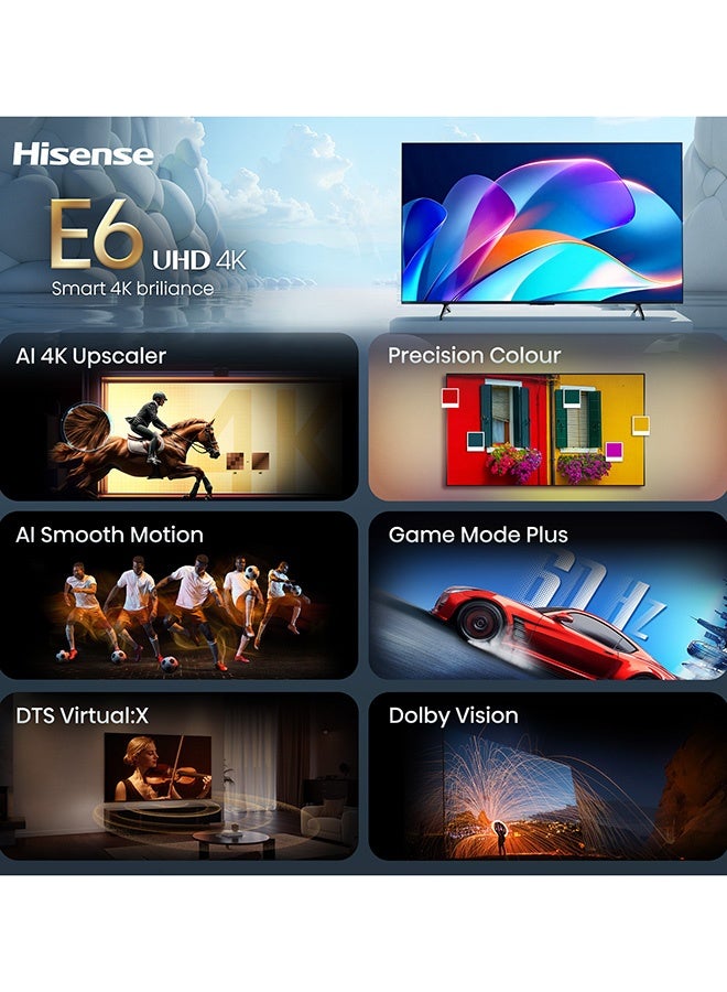 Hisense 65E6S 65-Inch 4K UHD Smart TV with AI 4K Upscaler, Dolby Vision, AI Smooth Motion, Bluetooth, HDMI, Wi-Fi, USB, DTS Virtual:X, Eye Care Mode (2026 Model) 65E6S black - Image 3