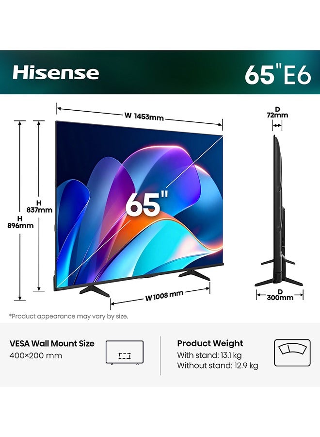 Hisense 65E6S 65-Inch 4K UHD Smart TV with AI 4K Upscaler, Dolby Vision, AI Smooth Motion, Bluetooth, HDMI, Wi-Fi, USB, DTS Virtual:X, Eye Care Mode (2026 Model) 65E6S black - Image 2