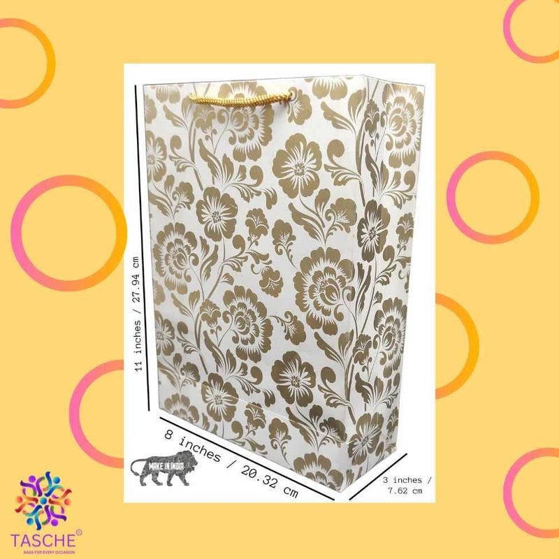 TASCHE Gold Waves and Gold Mandaram Design Printed Assorted Gift Paper Bags | Gift Bags for Return gifts, and Birthday Holliday presents (11 * 8 * 3 Inches) (Pack Of 10) - Image 4