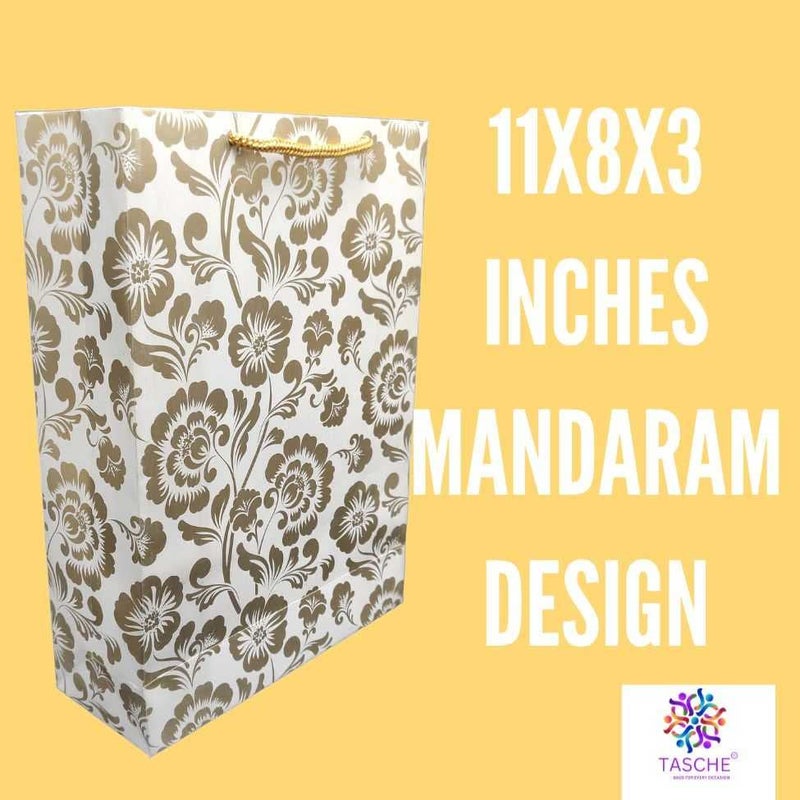 TASCHE Gold Waves and Gold Mandaram Design Printed Assorted Gift Paper Bags | Gift Bags for Return gifts, and Birthday Holliday presents (11 * 8 * 3 Inches) (Pack Of 10) - Image 3