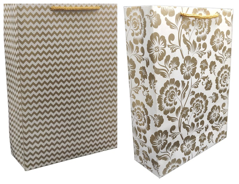 TASCHE Gold Waves and Gold Mandaram Design Printed Assorted Gift Paper Bags | Gift Bags for Return gifts, and Birthday Holliday presents (11 * 8 * 3 Inches) (Pack Of 10) - Image 1