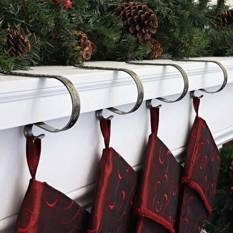 Haute Decor The Original MantleClip Stocking Holder with Holly Embossed Design- 4 Pack (Antique Brass) - Christmas Stocking Hanger Adjusts to Fit Various Mantel Styles - Image 4