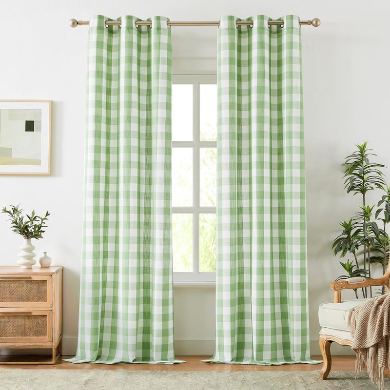 Jubilantex Buffalo Check Semi Sheer Curtain Panels Green and White Gingham Curtains Farmhouse Style Grommet Top for Living Room Bedroom 40"x84",2 Pcs - Image 1