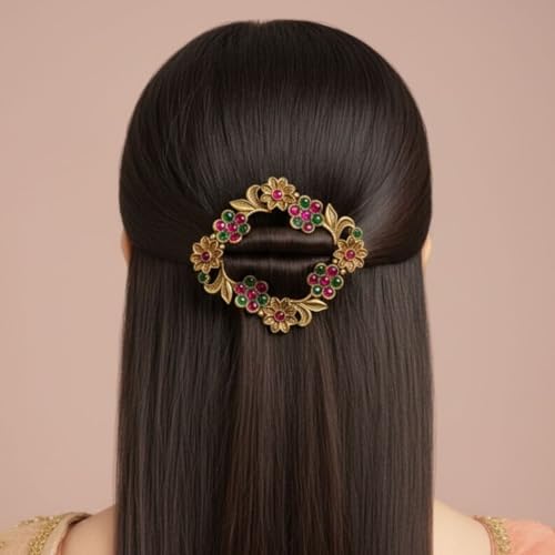 JWELLA Gold-Plated Antique Hair Clip with Pink & Green Stones & Drops Bridal & Festive Accessory (Design 8) - Image 4