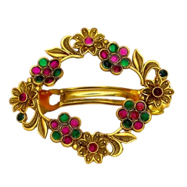 JWELLA Gold-Plated Antique Hair Clip with Pink & Green Stones & Drops Bridal & Festive Accessory (Design 8) - Image 2