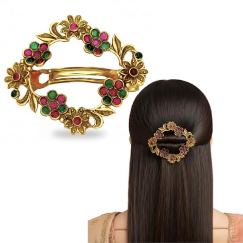 JWELLA Gold-Plated Antique Hair Clip with Pink & Green Stones & Drops Bridal & Festive Accessory (Design 8) - Image 1